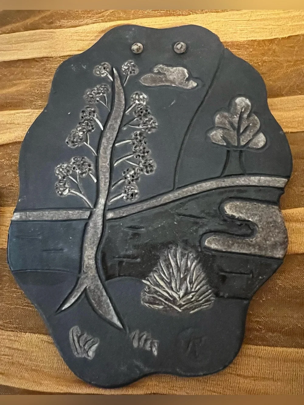 Vintage 1970s Handcrafted Ceramic Nature Wall Plaques Mushroom & Mountain Set